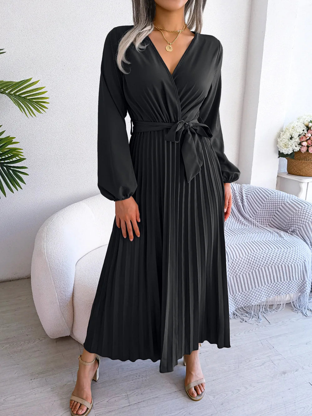 Vestido Longo Decote V Plissado