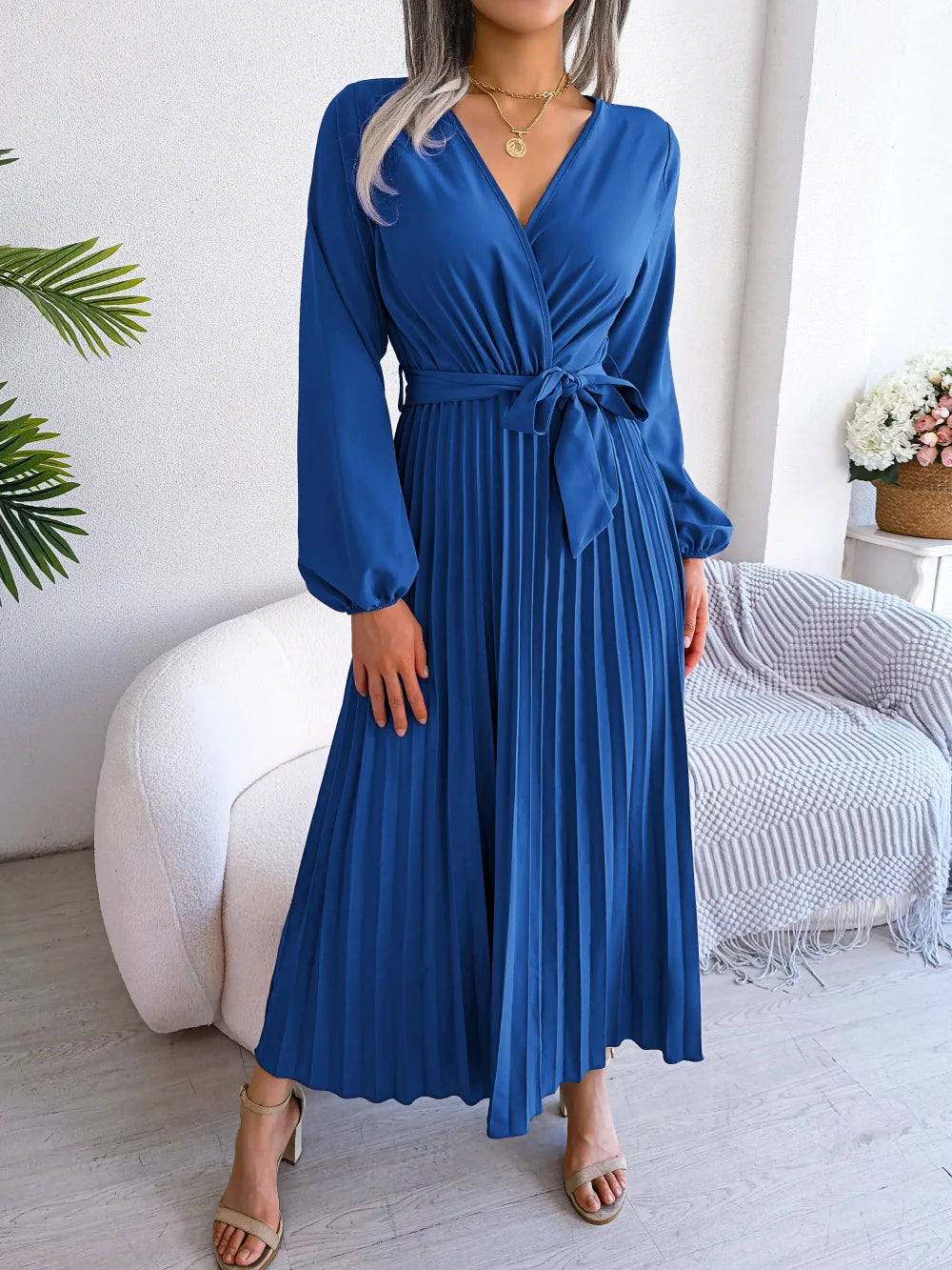 Vestido Longo Decote V Plissado