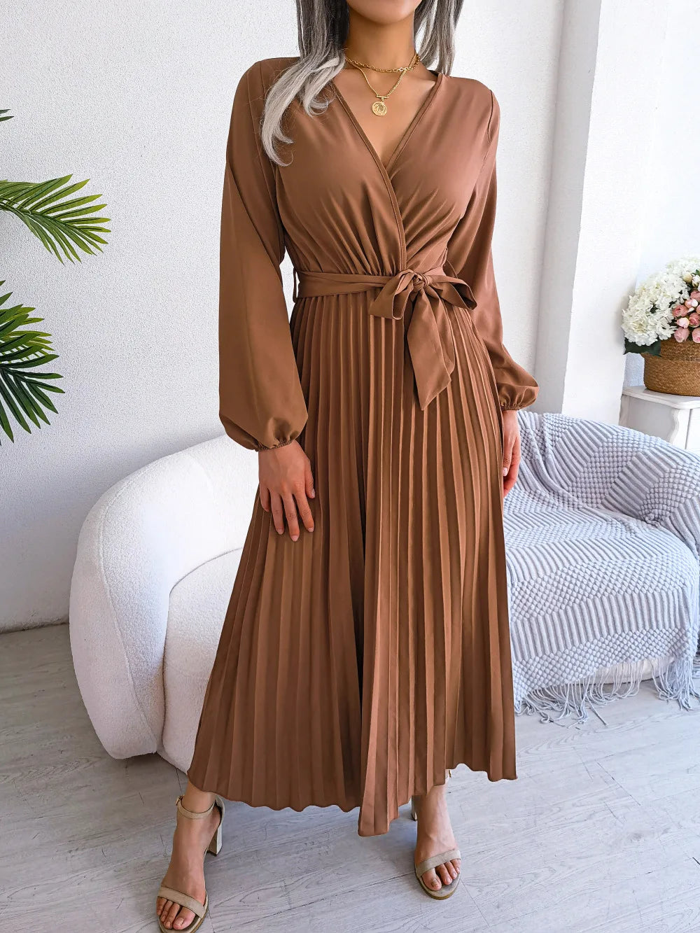 Vestido Longo Decote V Plissado