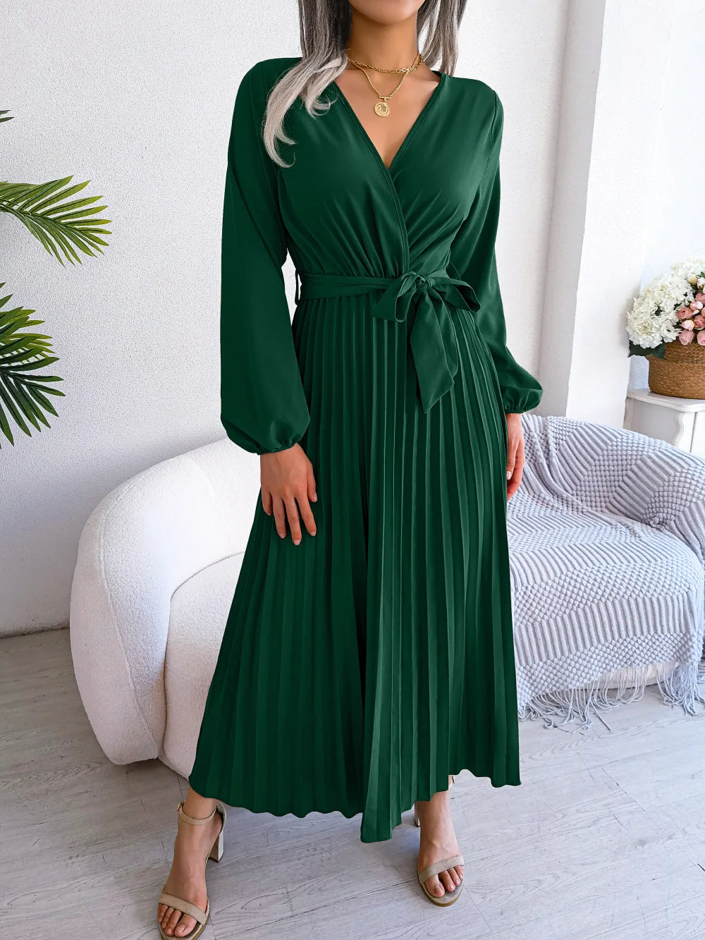 Vestido Longo Decote V Plissado