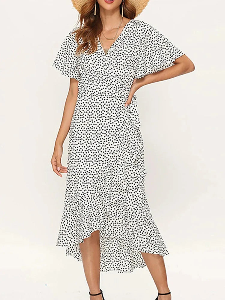 Vestido Longo de Chiffon Babado Decote V