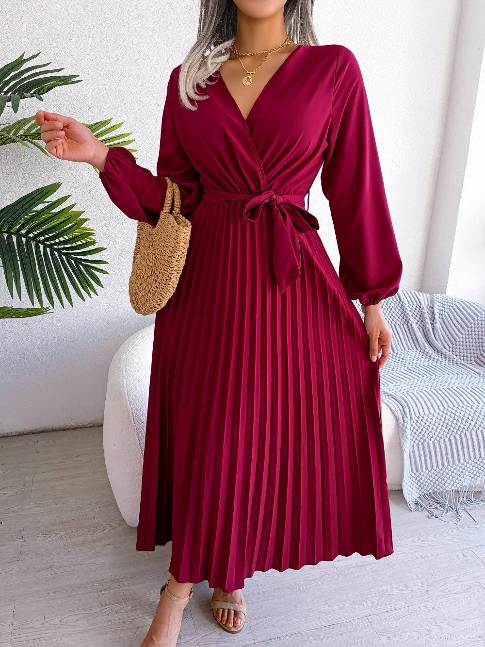 Vestido Longo Decote V Plissado