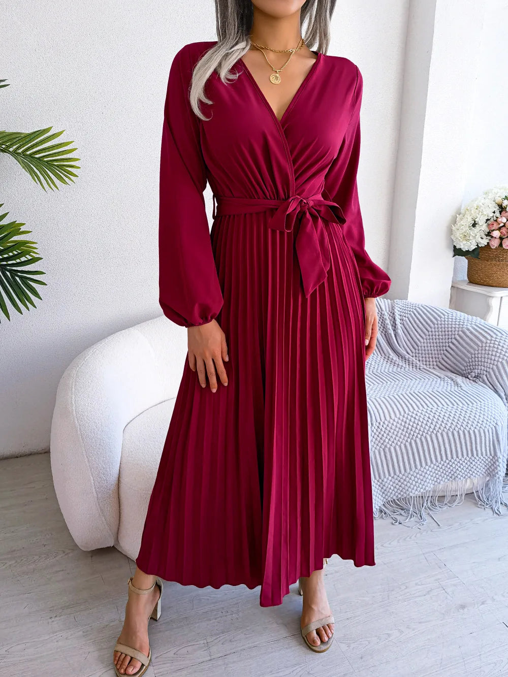 Vestido Longo Decote V Plissado