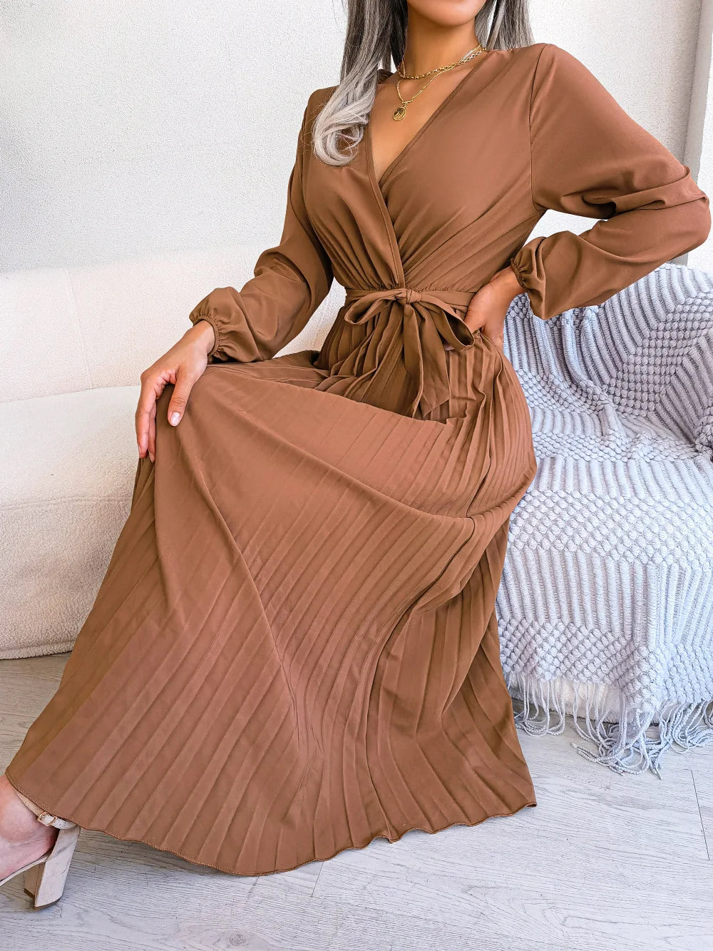 Vestido Longo Decote V Plissado