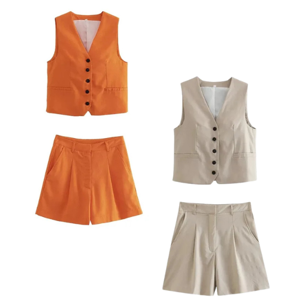 Conjunto Feminino em Alfaiataria Gizelle - Colete e Shorts no Linho (Promoção Compre 1 Leve 2)
