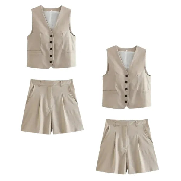 Conjunto Feminino em Alfaiataria Gizelle - Colete e Shorts no Linho (Promoção Compre 1 Leve 2)