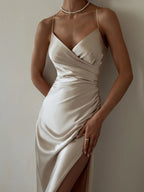 Vestido Feminino Fenda Alta Plissado Cetim