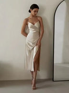 Vestido Feminino Fenda Alta Plissado Cetim
