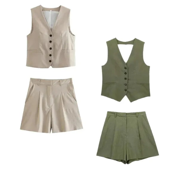 Conjunto Feminino em Alfaiataria Gizelle - Colete e Shorts no Linho (Promoção Compre 1 Leve 2)