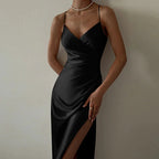 Vestido Feminino Fenda Alta Plissado Cetim