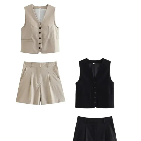 Conjunto Feminino em Alfaiataria Gizelle - Colete e Shorts no Linho (Promoção Compre 1 Leve 2)