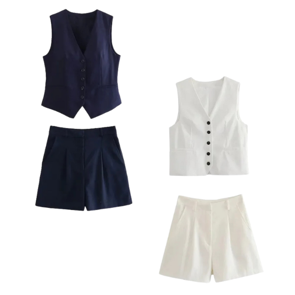 Conjunto Feminino em Alfaiataria Gizelle - Colete e Shorts no Linho (Promoção Compre 1 Leve 2)