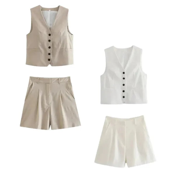 Conjunto Feminino em Alfaiataria Gizelle - Colete e Shorts no Linho (Promoção Compre 1 Leve 2)
