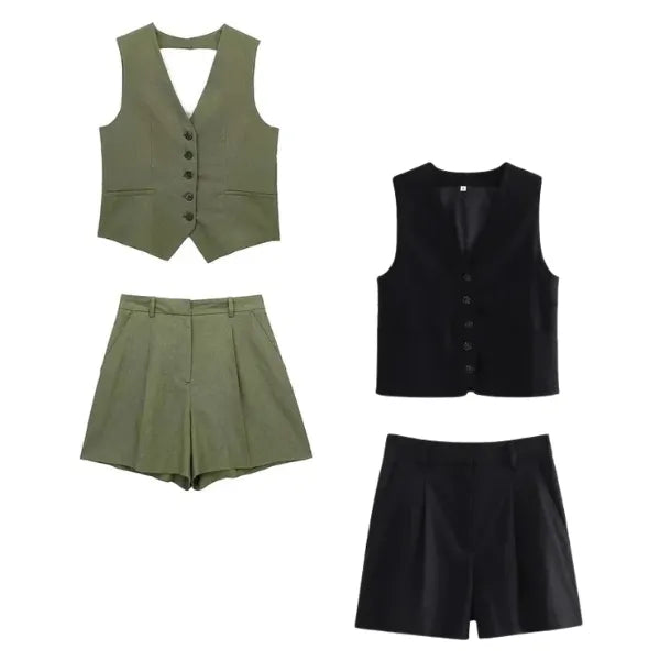 Conjunto Feminino em Alfaiataria Gizelle - Colete e Shorts no Linho (Promoção Compre 1 Leve 2)