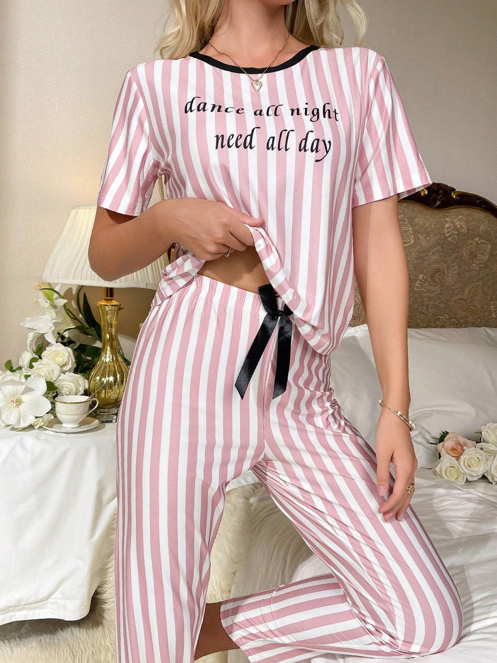 Pijama Listrado Longo Rosa